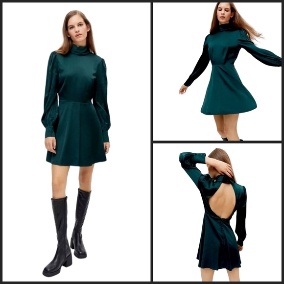 NWT Bardot Milano Open Back Forrest Green Satin Mini Dress - Picture 1 of 12